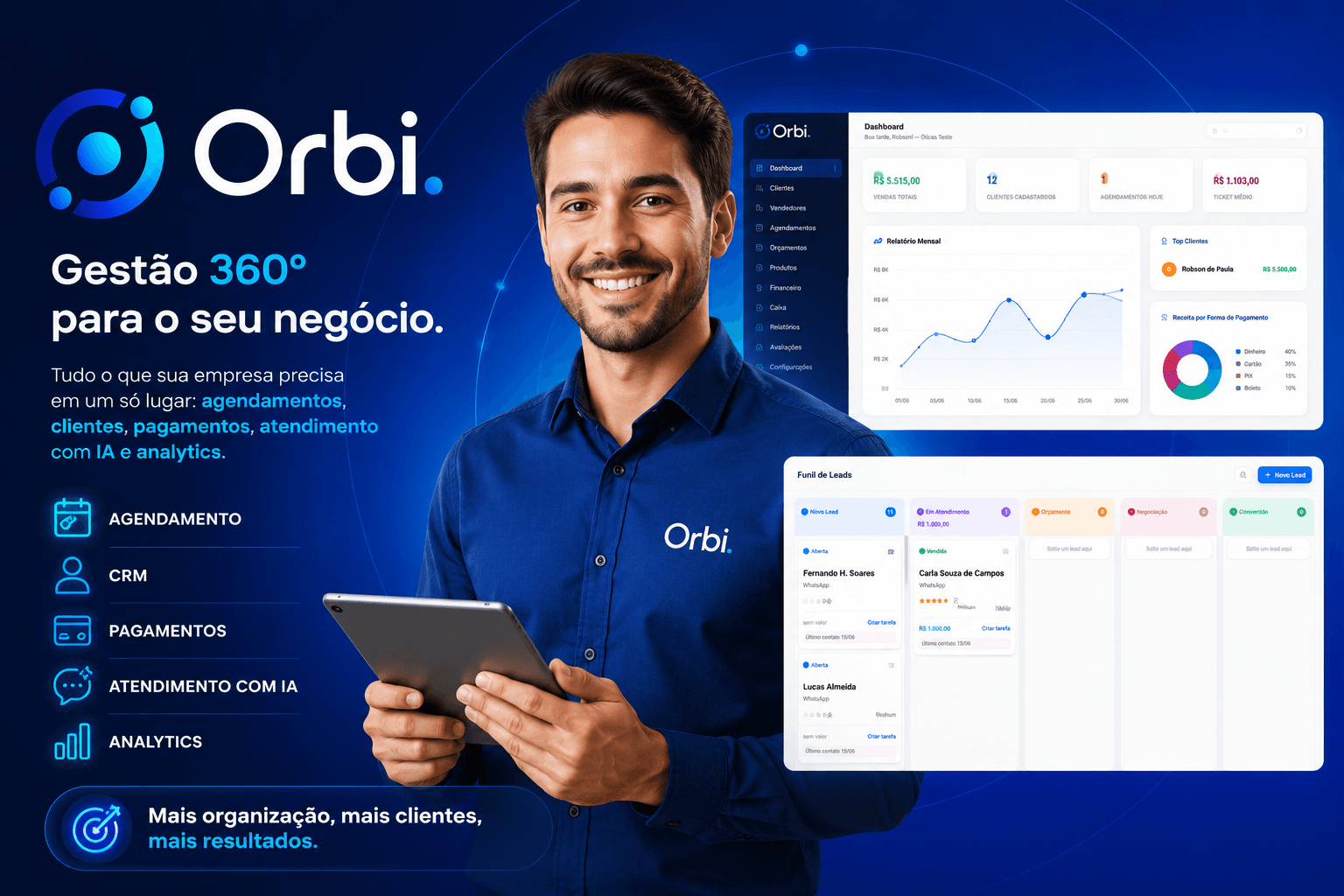 Painel Orbi — Dashboard, CRM e WhatsApp integrado